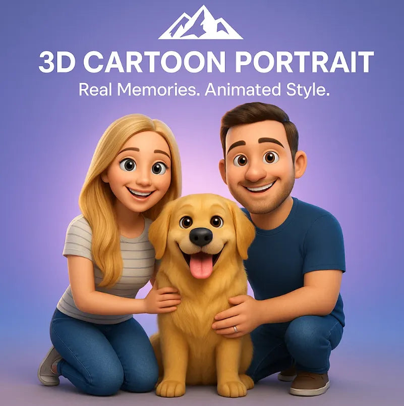 HighPeak 3D Cartoon Portrait of a smiling couple with a golden retriever in vibrant Pixar-style 3D animation