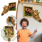 3D Giraffe Wall Sculpture collage with multiple angles and a child pointing at the wall decoration.