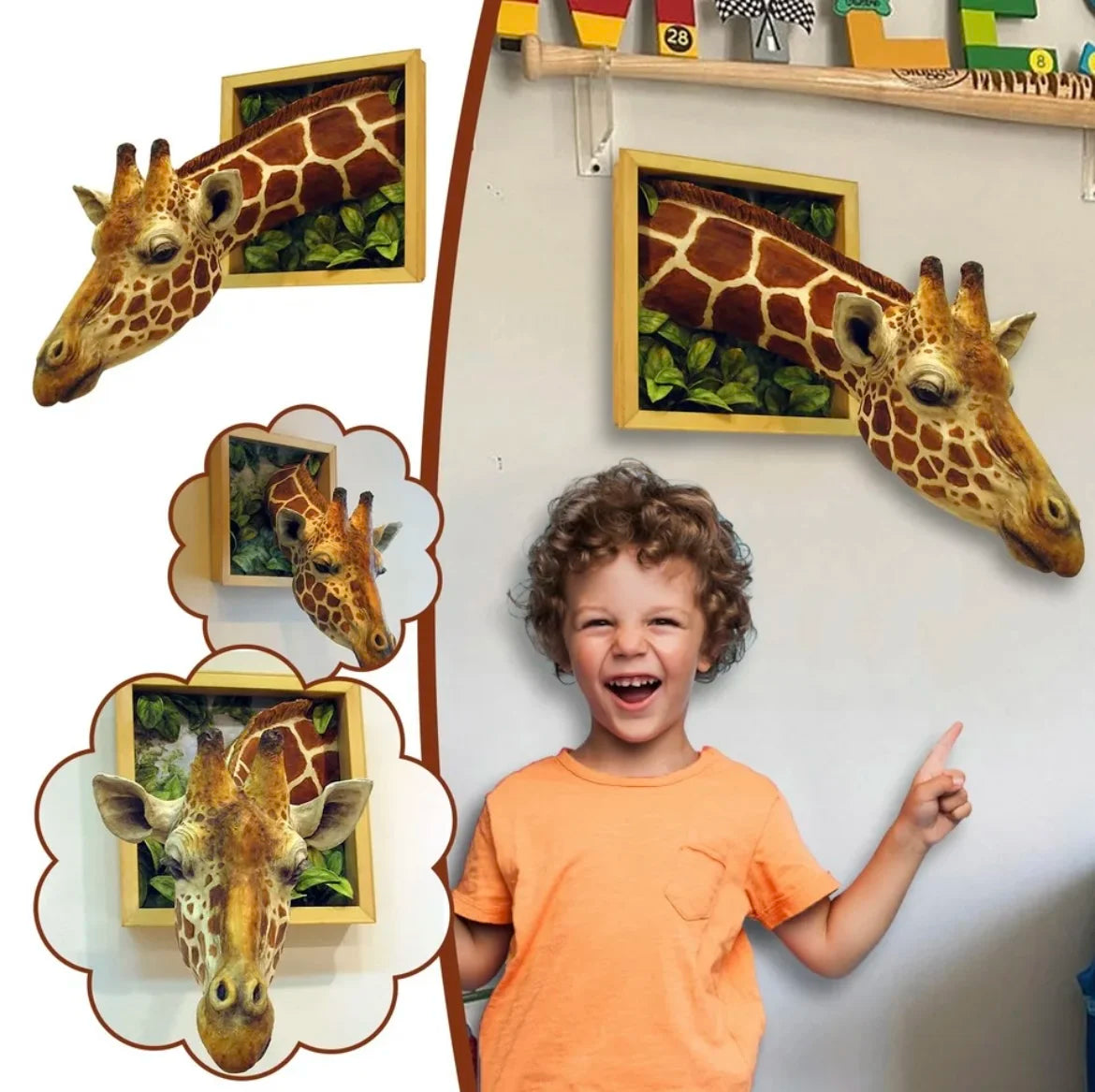 3D Giraffe Wall Sculpture collage with multiple angles and a child pointing at the wall decoration.