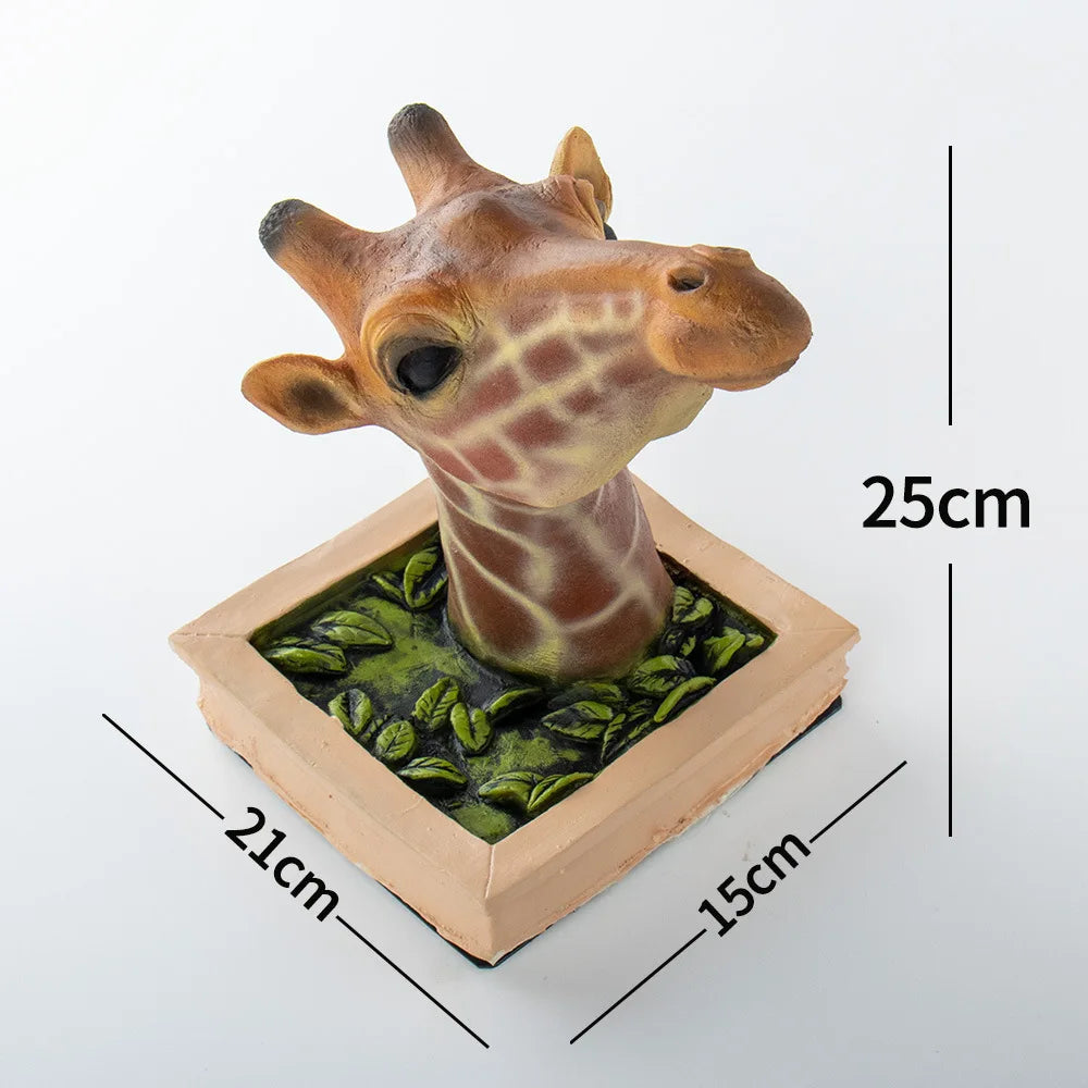 3D Giraffe Wall Sculpture size diagram showing the framed giraffe head with supplier dimension labels.