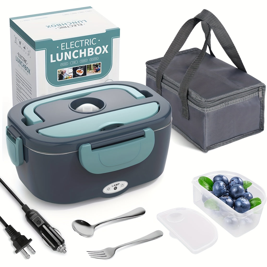 HeatMate™ Electric Lunch Box in gray with blue lid, includes insulated bag, utensils, and dual voltage power cords by HighPeak.