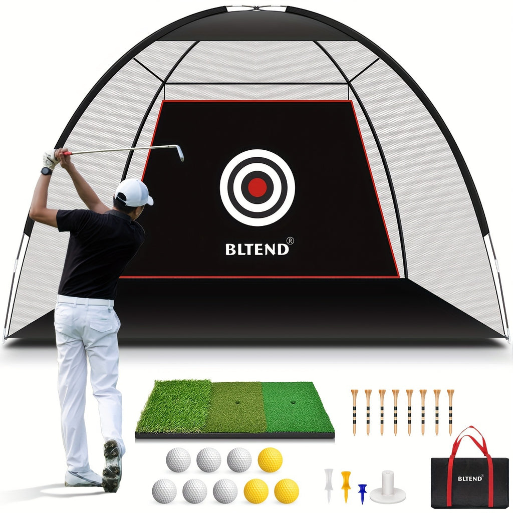 ProSwing Golf Net by HighPeak with black target net, golfer swinging, turf mat, balls, tees, and carry bag shown.