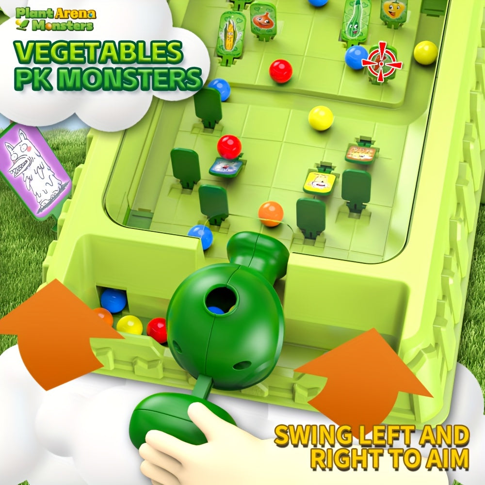 VeggieBlasters™ - Battle Arena green marble launcher with colorful marbles and vegetable monster targets on game board by HighPeak