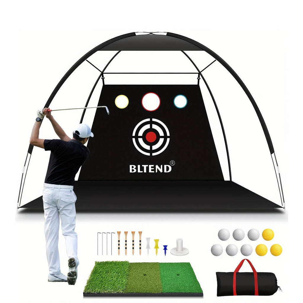 ProSwing Golf Net 10x7ft with target zones, impact net, mat, tees, balls, and carrying bag for golf practice
