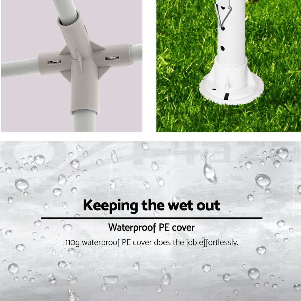 HighPeak Outdoor Party Tent close-up of waterproof PE cover, white metal frame joints, and lawn anchor base details