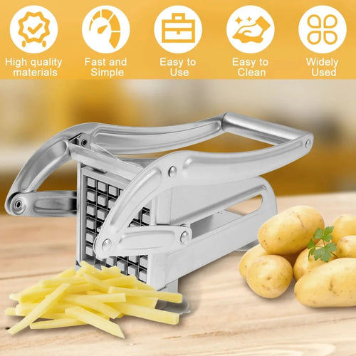 4-in-1 French Fry Cutter: Cutter on a wooden counter beside whole potatoes and cut sticks.