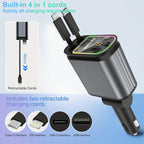 4-in-1 Retractable Car Charger with retractable cables, USB ports, and LED ambient lighting shown in sleek black design