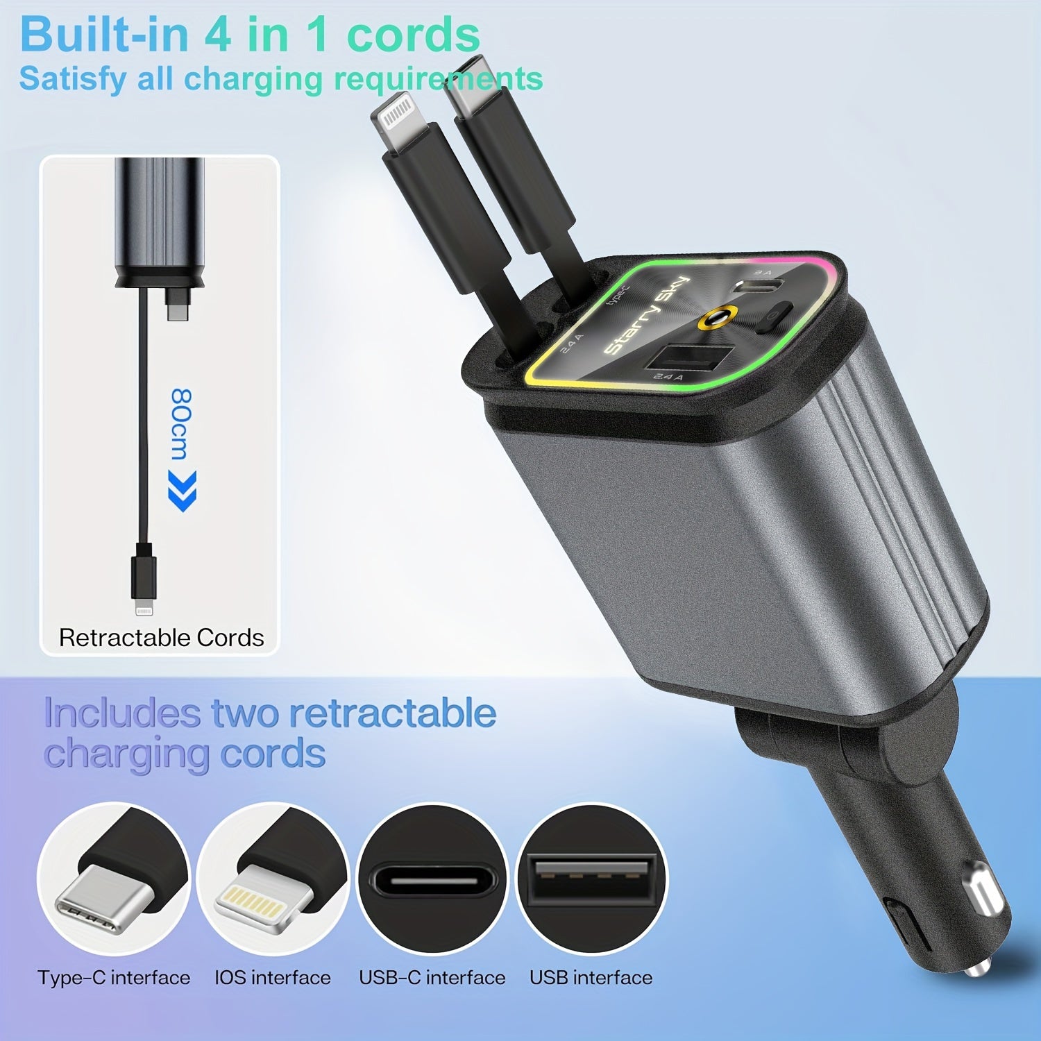 4-in-1 Retractable Car Charger with retractable cables, USB ports, and LED ambient lighting shown in sleek black design