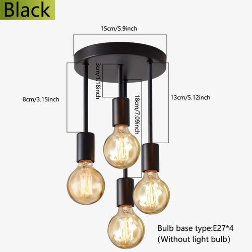 4-Light Ceiling Fixture in black with 15 cm canopy, staggered socket lengths, and four E27 bulb bases
