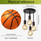 4-Light Ceiling Fixture size comparison showing 15 cm canopy and 27 cm height beside a basketball