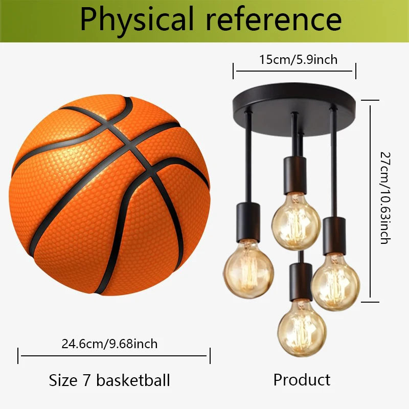 4-Light Ceiling Fixture size comparison showing 15 cm canopy and 27 cm height beside a basketball