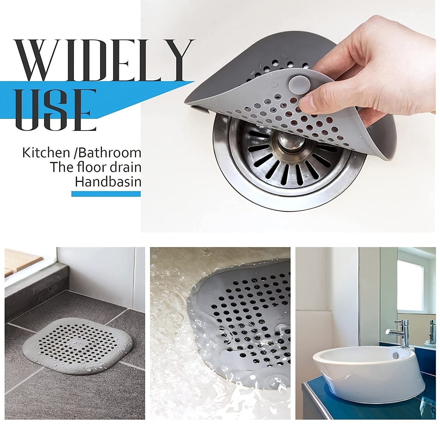 HighPeak DrainGuard™ flexible gray silicone drain cover on floor and sink drains preventing clogs in kitchen and bathroom.