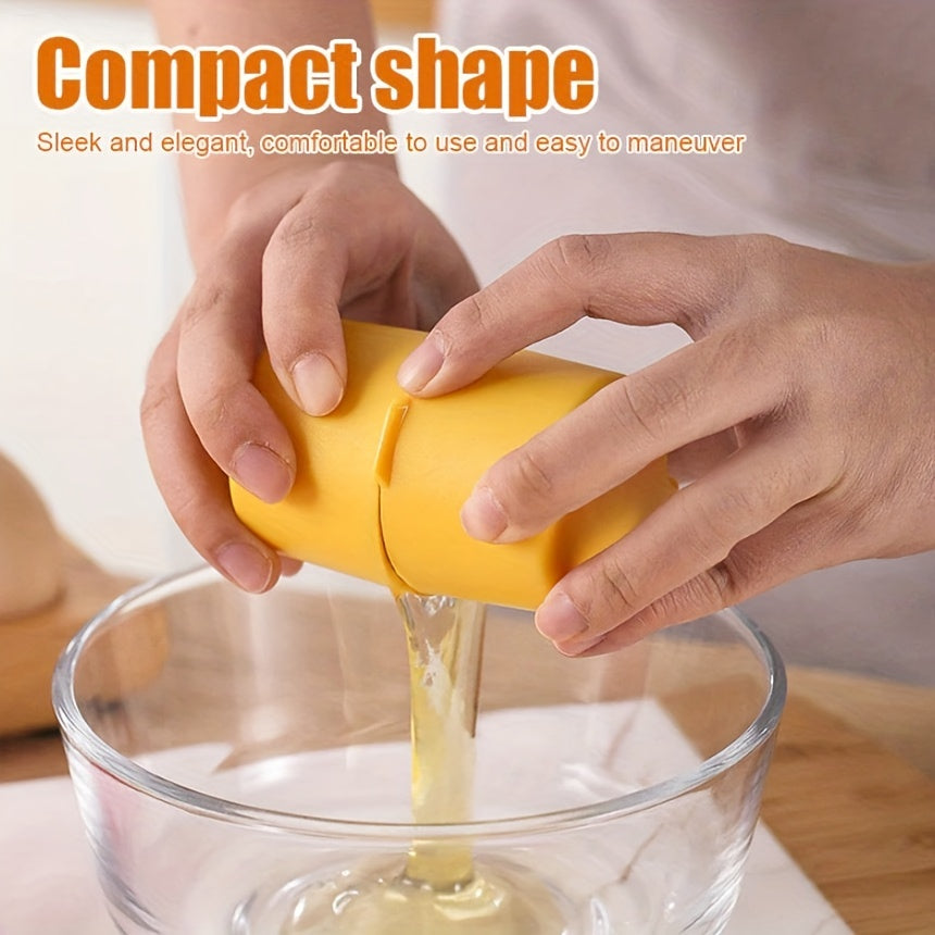CrackMate™ - Eggshell Separator in yellow hands-on use pouring egg white into glass bowl for baking prep