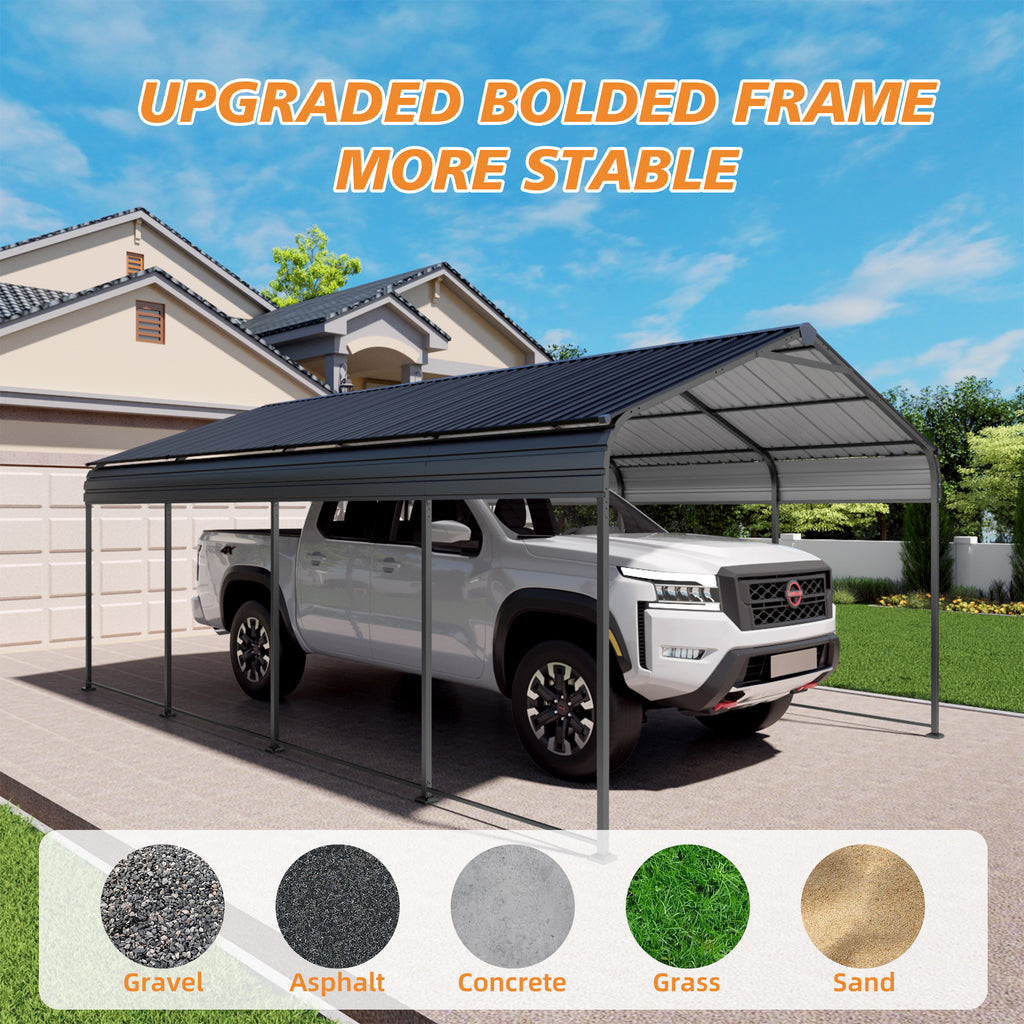 HighPeak Metal Carport in dark gray with upgraded bolded frame, sheltering a white truck on concrete driveway.