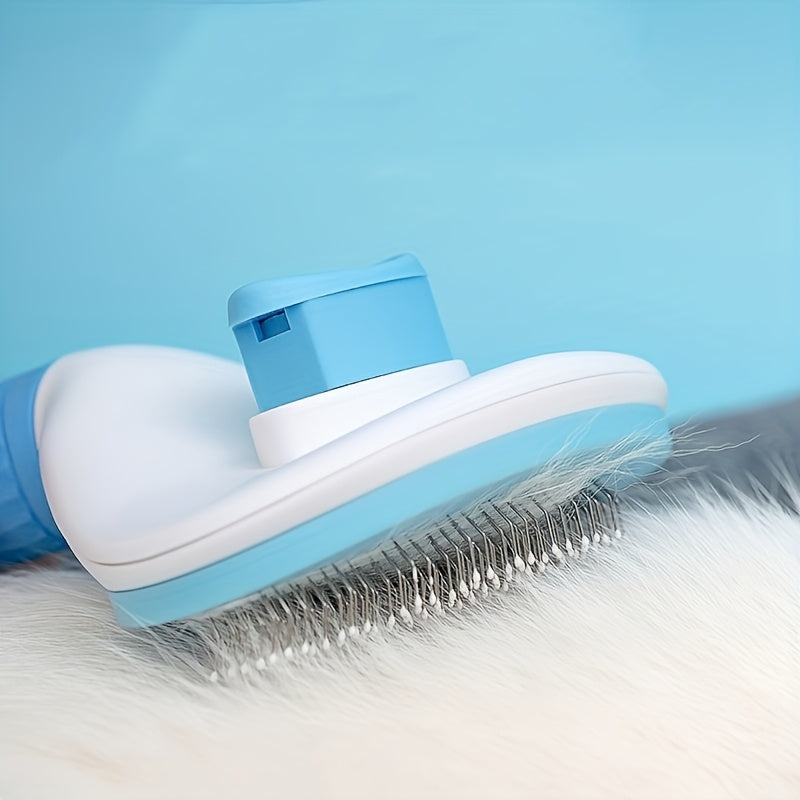 FurPop™ self cleaning pet brush with blue button and metal bristles grooming white fur, HighPeak quality design