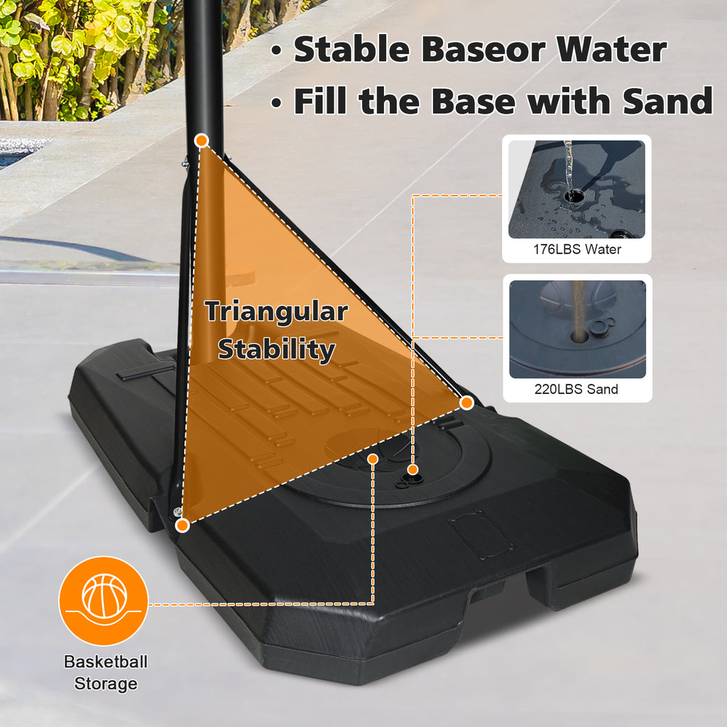 HighPeak Adjustable Basketball Hoop black portable base with sand or water fill for triangular stability and basketball storage