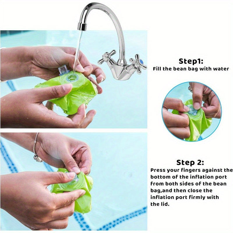HighPeak 2-in-1 Inflatable Pool Toss Game showing filling and sealing green bean bag with water for ring and corn toss play