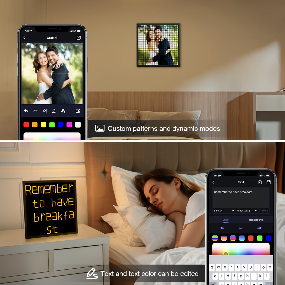 HighPeak PixelPlay™ Smart LED Frame displaying customizable photo and scrolling text with app control in bedroom setting