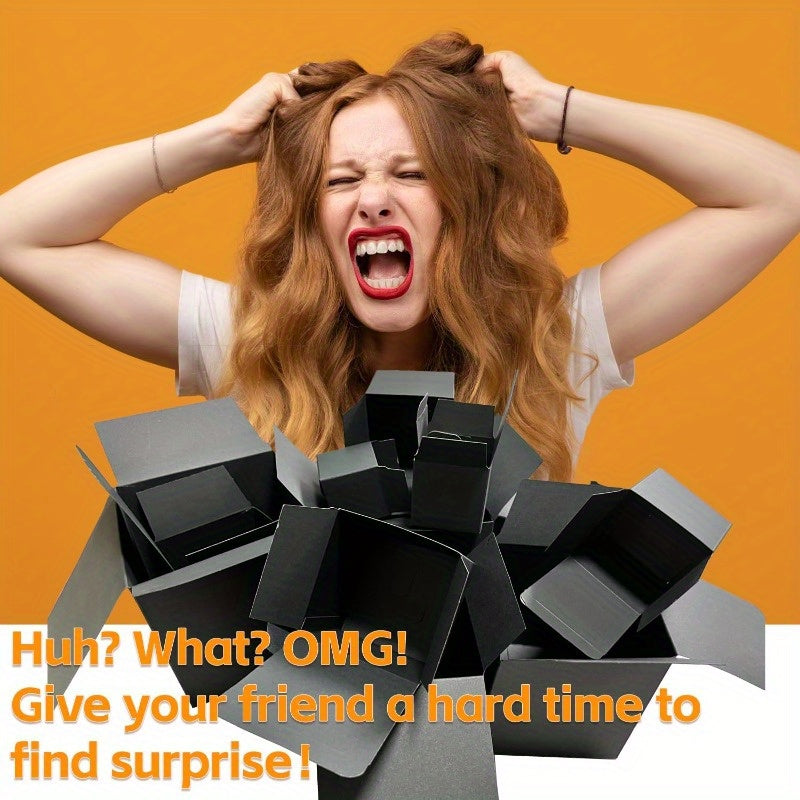 HighPeak Prank Gift Box Set (13 Boxes) with black nesting boxes and frustrated woman for longest surprise prank gift idea