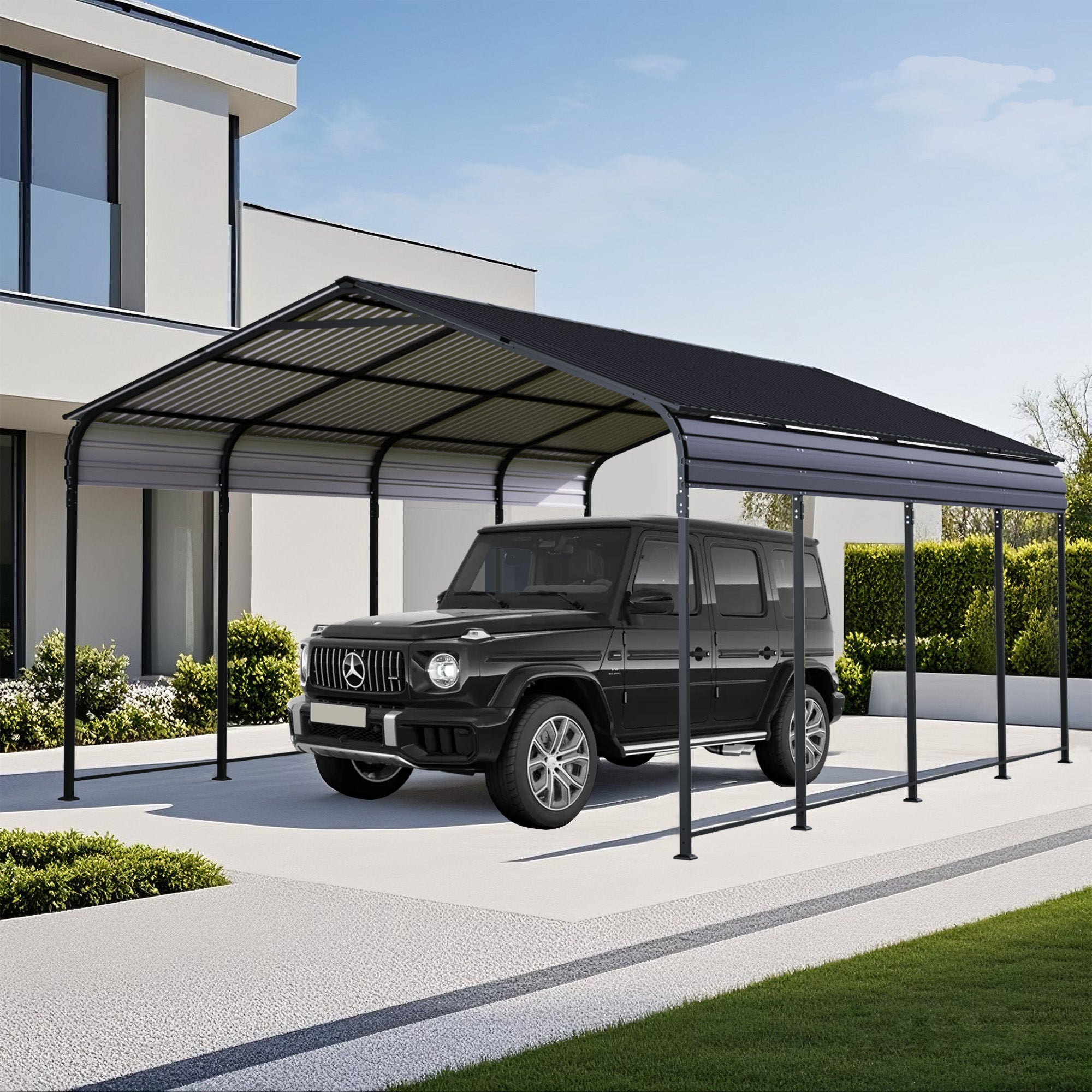HighPeak Metal Carport in black with galvanized steel roof protecting a black SUV in a modern driveway setting