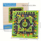 HighPeak MazeDrive™ magnetic parking puzzle with colorful cars and letter maze on green board for dual-player learning fun