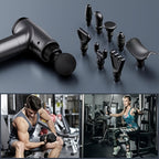 PulsePro™ deep tissue massage gun in black with 10 attachments shown beside gym workout scenes by HighPeak