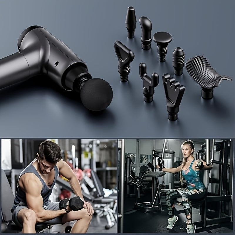 PulsePro™ deep tissue massage gun in black with 10 attachments shown beside gym workout scenes by HighPeak
