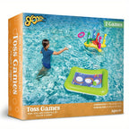 HighPeak 2-in-1 Inflatable Pool Toss Game with ring toss and corn hole in bright yellow and green floating in pool water