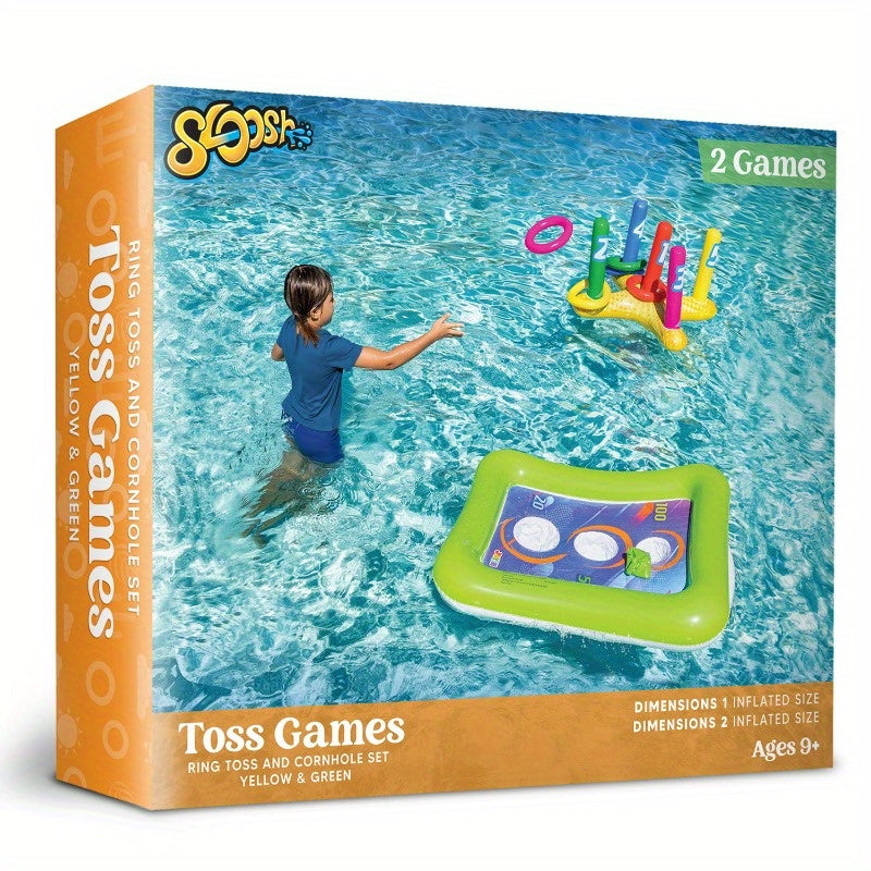 HighPeak 2-in-1 Inflatable Pool Toss Game with ring toss and corn hole in bright yellow and green floating in pool water