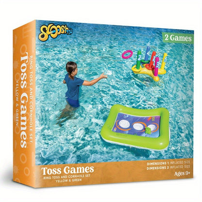 HighPeak 2-in-1 Inflatable Pool Toss Game with ring toss and corn hole in bright yellow and green floating in pool water