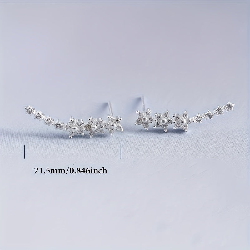 HighPeak Ear Climber Earrings in silver with sparkling rhinestones curving upward, 21.5mm length, elegant everyday wear