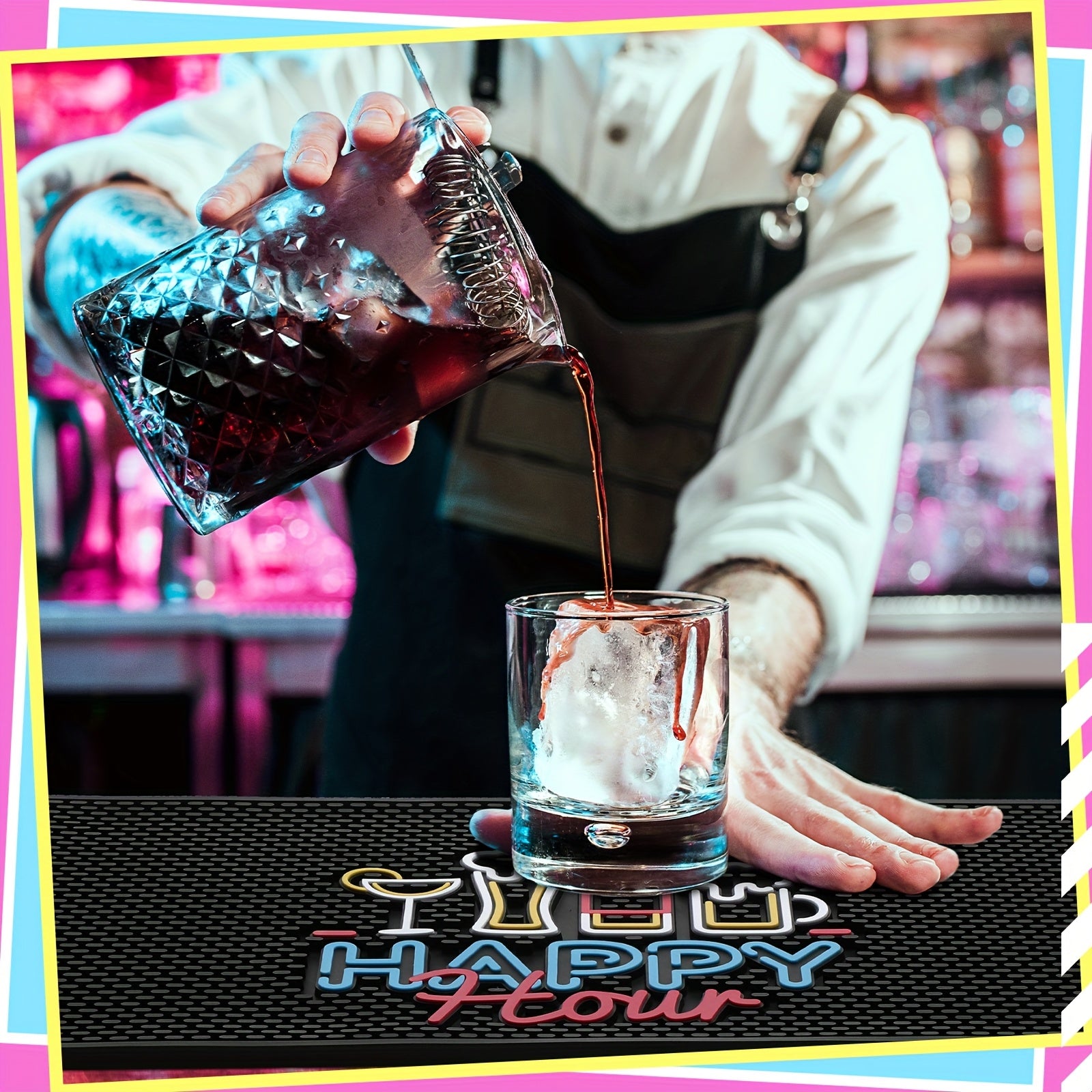 HighPeak Fluorescent Bar Mat with neon colors and non-slip rubber base on bar counter during cocktail pouring