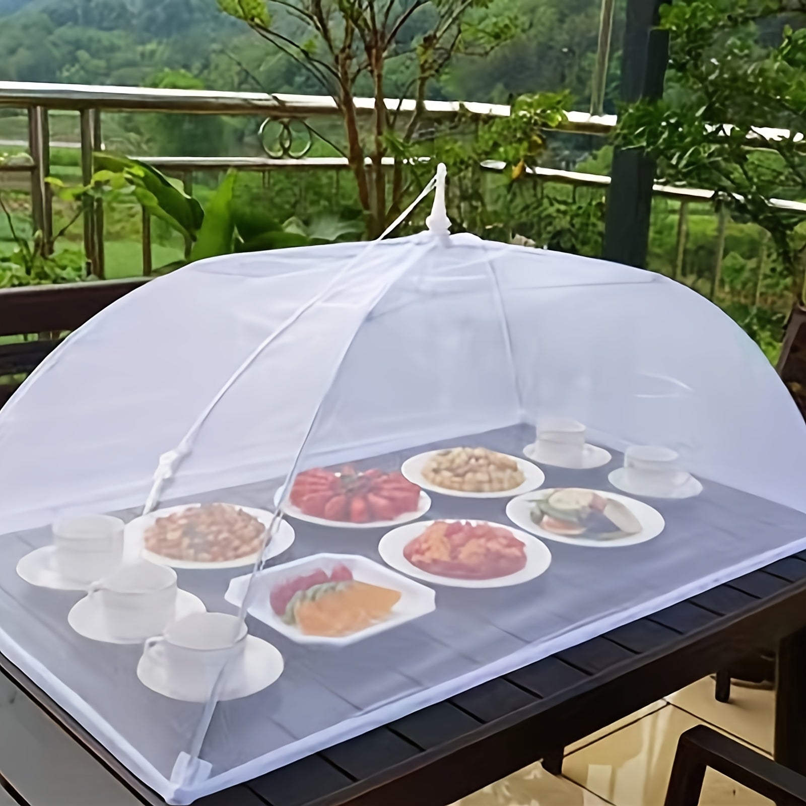 HighPeak Food Tent Cover in white mesh, pop-up design protecting multiple dishes on outdoor table.