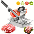 HighPeak Manual Meat Slicer in stainless steel slicing frozen meat with adjustable thickness and safety guard on white background