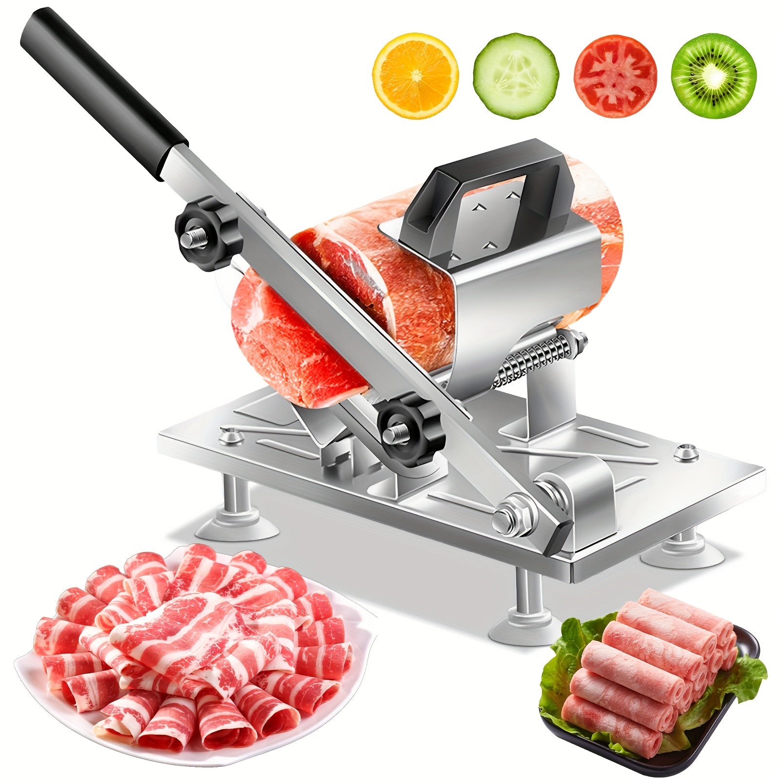 HighPeak Manual Meat Slicer in stainless steel slicing frozen meat with adjustable thickness and safety guard on white background