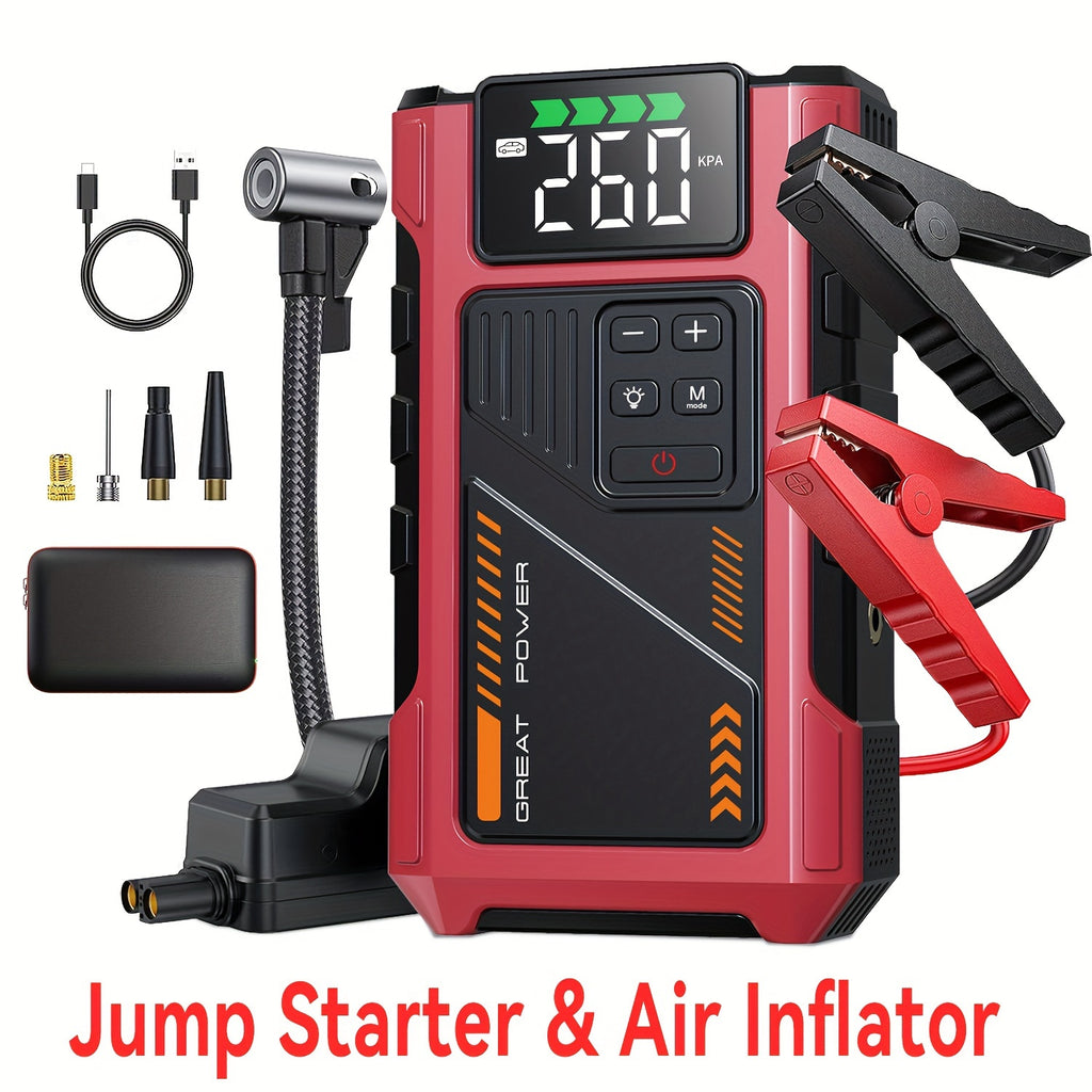RoadRevive™ - Jump Starter in red with digital display, jumper cables, air compressor, and USB charging cable.
