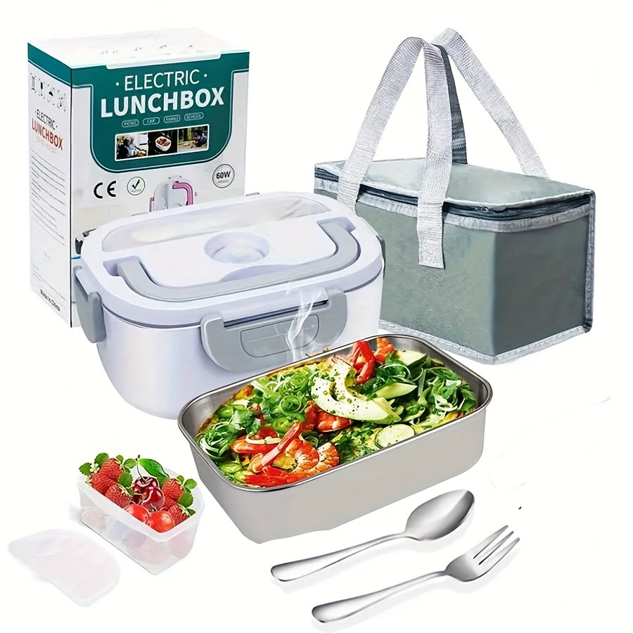 HeatMate™ Electric Lunch Box with stainless steel tray, insulated bag, and utensils showing fresh hot meal ready to eat.