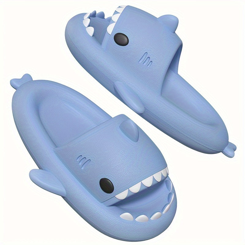 HighPeak Shark Slides in light blue EVA with shark bite design and open toe, perfect for indoor and outdoor wear.
