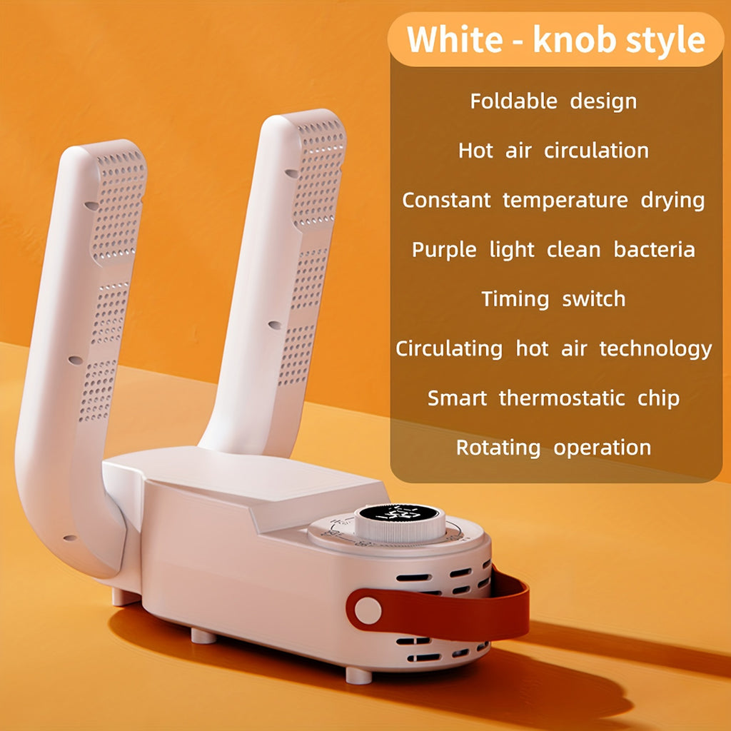 ShoeJet™ shoe dryer in white with foldable arms, smart heat control, and hot air circulation on orange background by HighPeak
