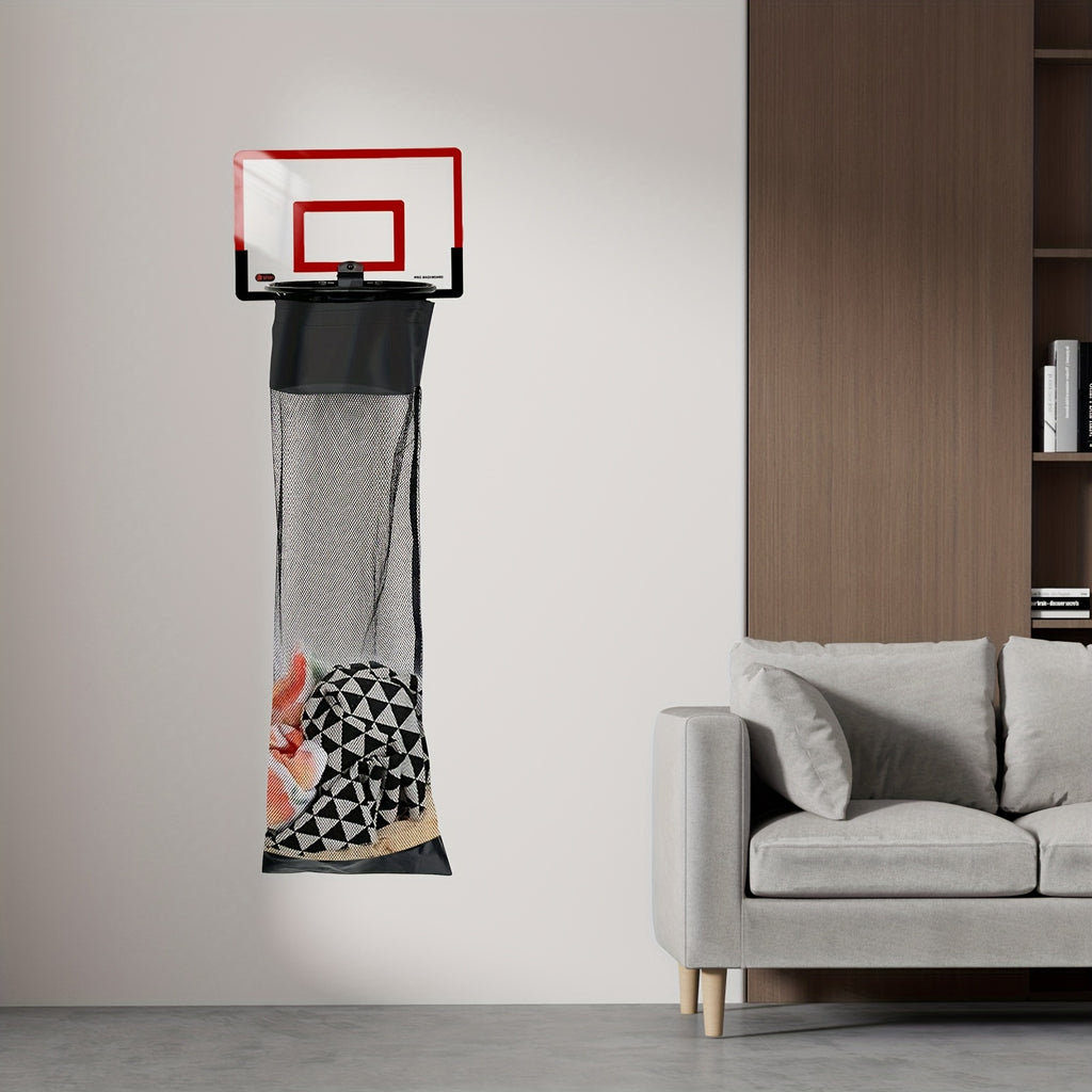 SwishBin Laundry Hoop in red and black over-the-door basketball design with built-in laundry net by HighPeak in modern living room setting