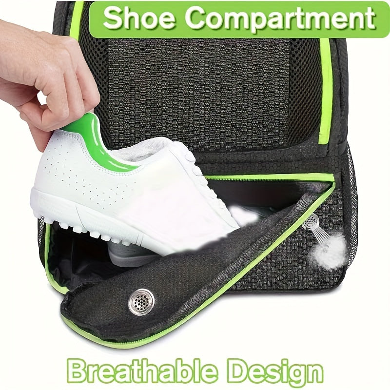 GearGoal™ All Sport Backpack with breathable shoe compartment in black and green, designed to keep gear fresh and odor-free.