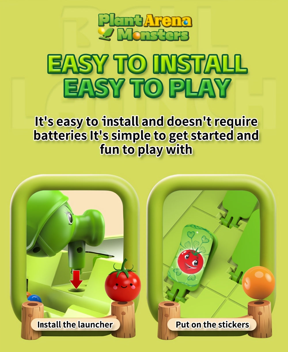VeggieBlasters™ - Battle Arena showing easy installation steps with green launcher and tomato target stickers on game board