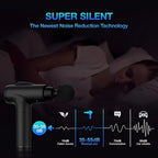 PulsePro™ deep tissue massage gun in black showing quiet operation with noise level comparison for muscle relief at home.