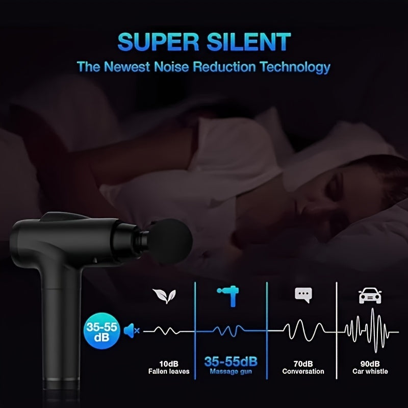 PulsePro™ deep tissue massage gun in black showing quiet operation with noise level comparison for muscle relief at home.