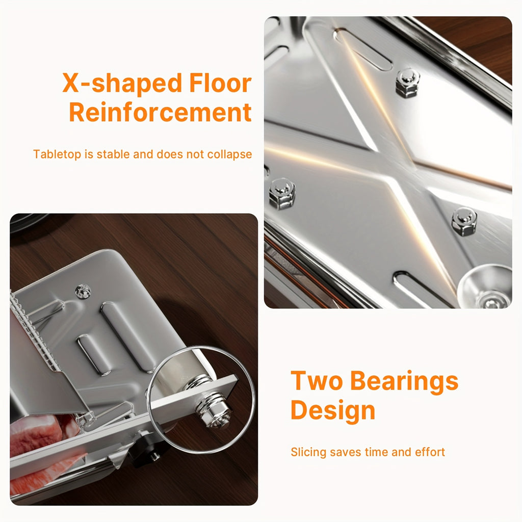 HighPeak Manual Meat Slicer showing sturdy X-shaped floor reinforcement and two-bearing design for smooth slicing.