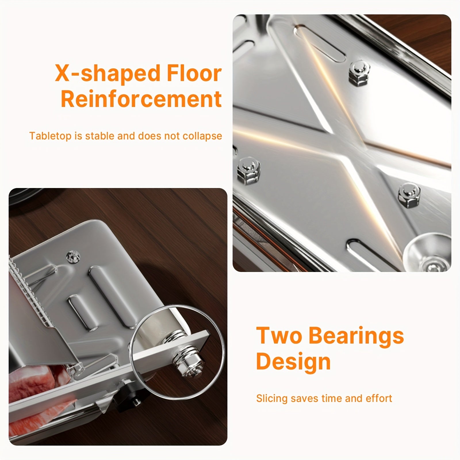 HighPeak Manual Meat Slicer showing sturdy X-shaped floor reinforcement and two-bearing design for smooth slicing.