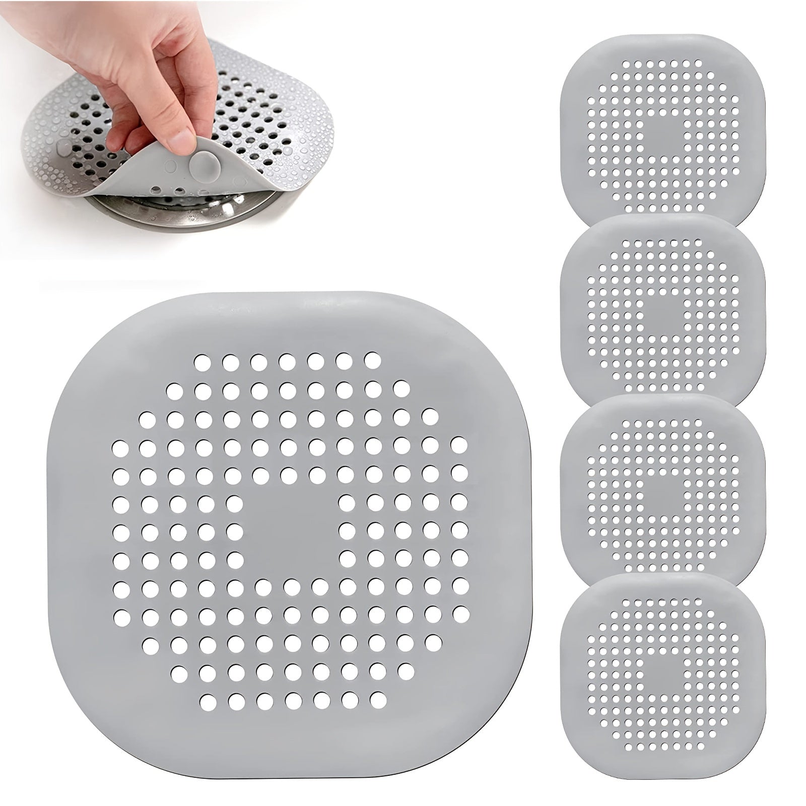 HighPeak DrainGuard™ flexible gray silicone drain covers with suction grips, shown on drain and in pack of four pieces