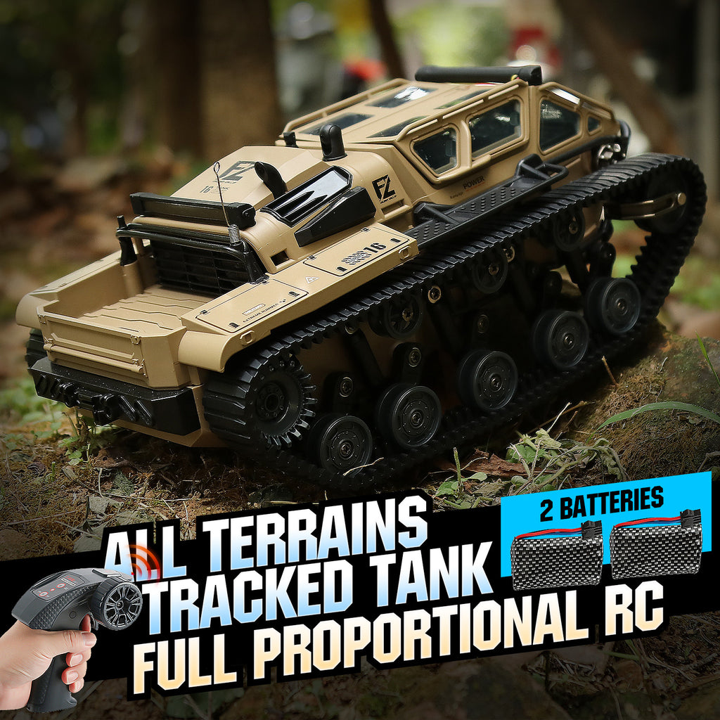 WarBeast RC Tank by HighPeak in tan with tracked treads on forest terrain, showcasing remote control and rugged design.