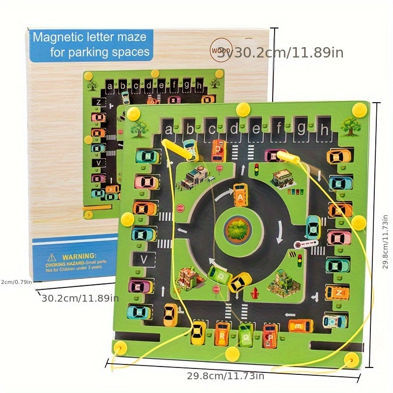 MazeDrive™ magnetic parking puzzle board with colorful cars and letter maze by HighPeak for dual-player learning and fun.