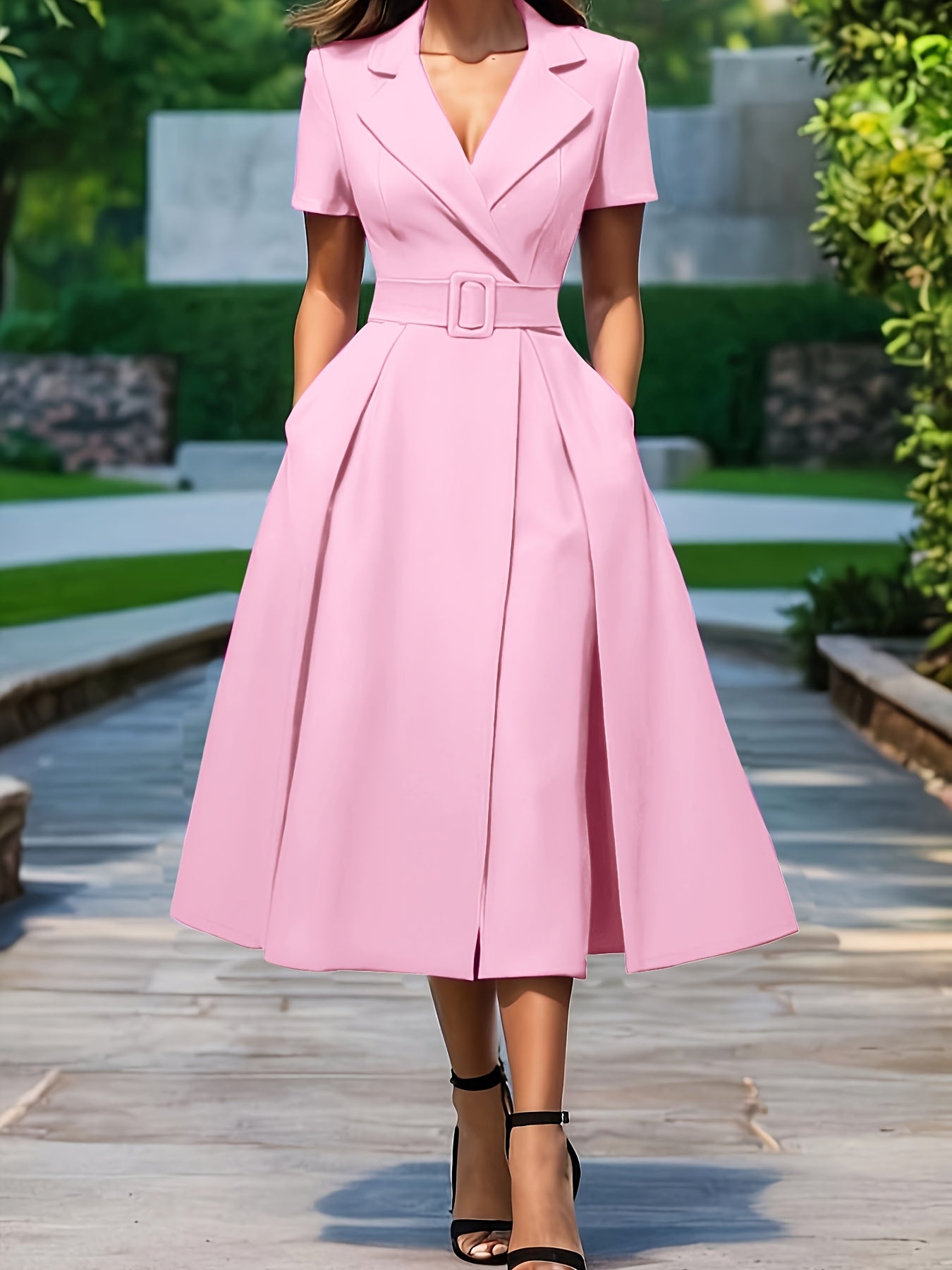 HighPeak The Verona A-Line Midi Dress in pink with built-in belt, short sleeves, collar detail, worn outdoors on a sunny day